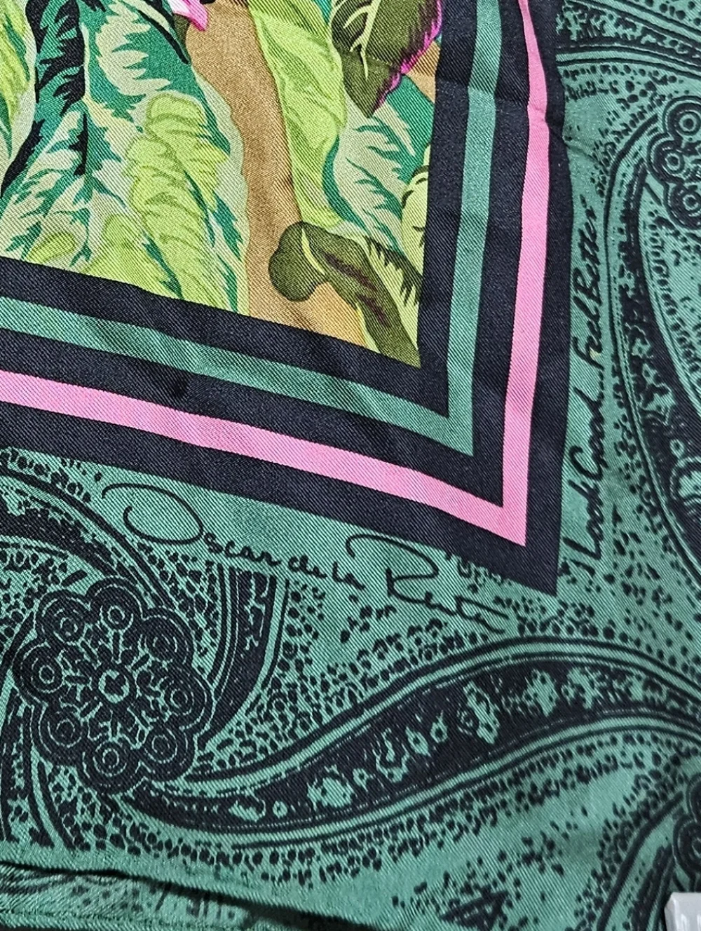 Oscar De La Renta Silk Scarf Square Green Pink Vintage Hand Sewn Paisley